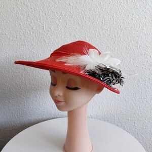 Vintage MC Dolly Madison Womens Special Event Church Red Feathers  Hat